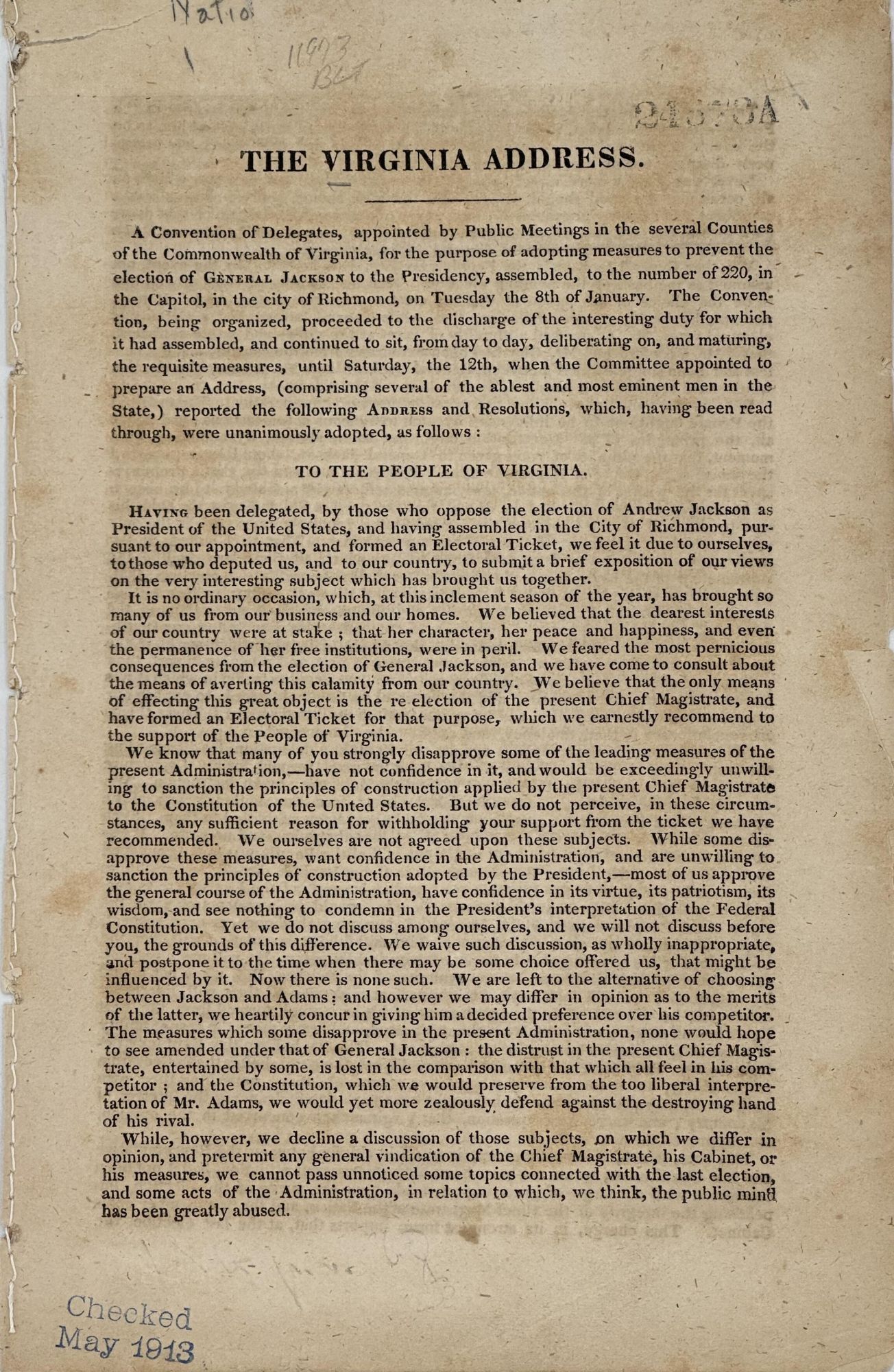 THE VIRGINIA ADDRESS. A CONVENTION OF DELEGATES, APPOINTED BY PUBLIC ...