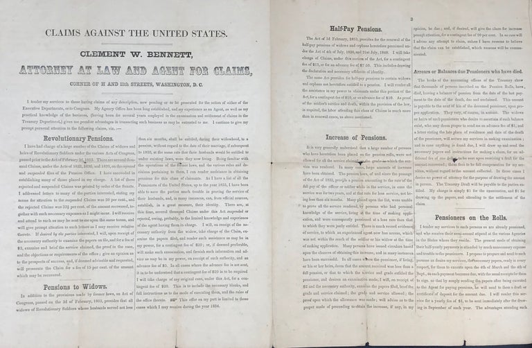 Item #33331 CLAIMS AGAINST THE UNITED STATES. CLEMENT W. BENNETT, ATTORNEY AT LAW AND AGENTS FOR CLAIMS, CORNER OF H AND 11th STREETS, WASHINGTON, D.C.