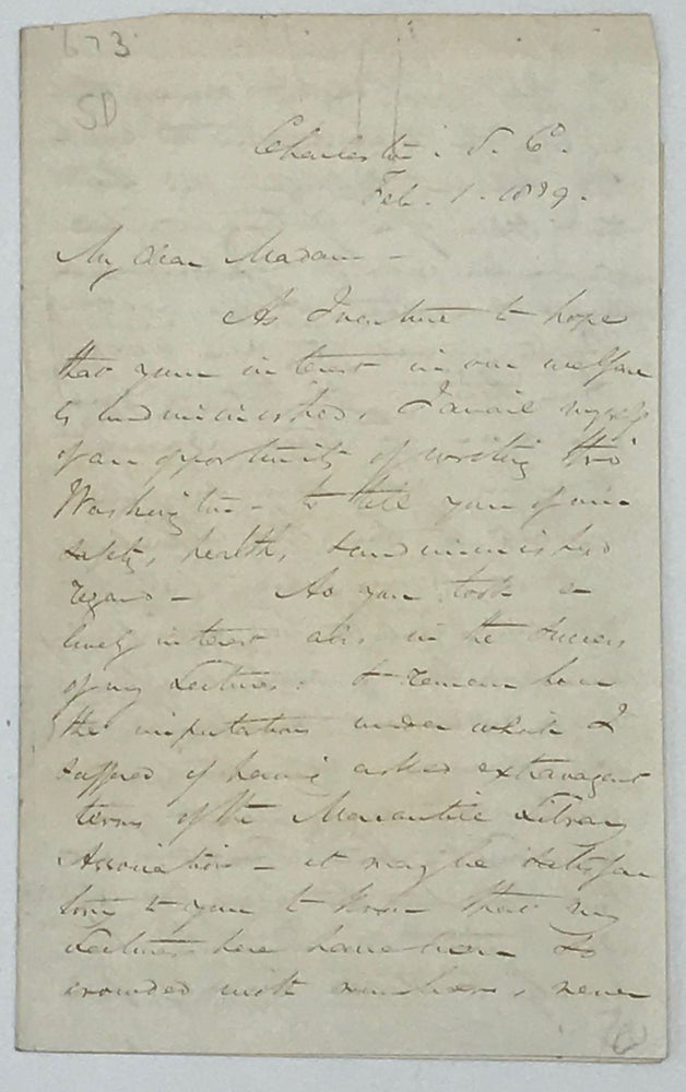 Item #35074 ALS, COMPARING AUDIENCES FOR HIS LECTURES, SIGNED 1 FEBRUARY 1839. James Silk Buckingham.