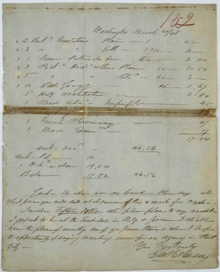 Item #37410 ATTEMPTING TO PURCHASE A REMAINDER STOCK, in an autograph letter, signed 20 March 1848 from Washington, D.C., to publishers Lindsay & Blakiston of Philadelphia. Samuel Colman.