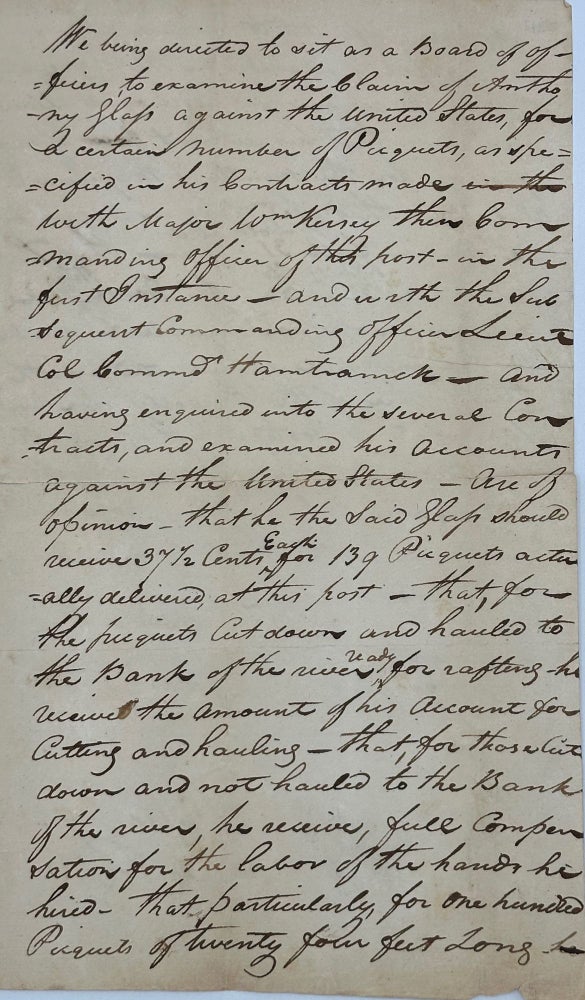 Item #37642 RULING ON PAYMENT FOR A SUPPLIER OF LOGS FOR FORT MCHENRY,; as recorded in a secretarial autograph document, signed by Kersey as commander at the fort and two of his junior officers, Lt. J. Freemer and Capt. J. Wade, at Fort McHenry, 22 September 1798. Major William Kersey.