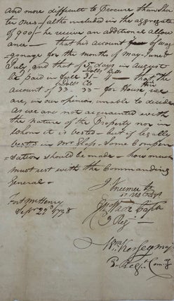 RULING ON PAYMENT FOR A SUPPLIER OF LOGS FOR FORT MCHENRY,; as recorded in a secretarial autograph document, signed by Kersey as commander at the fort and two of his junior officers, Lt. J. Freemer and Capt. J. Wade, at Fort McHenry, 22 September 1798.