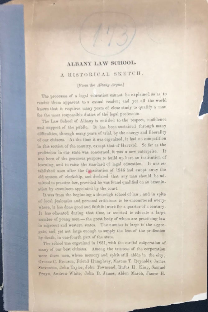 Item #41518 ALBANY LAW SCHOOL: A HISTORICAL SKETCH [caption title]. H. S. McCall, Edward Wade, G L. Stedman.