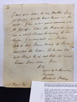 Item #41564 INFORMING EDWARD SHIPPEN THAT A LETTER HAS GONE ASTRAY, in an autograph letter,...