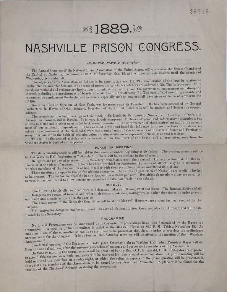 Item #41633 1889 NASHVILLE PRISON CONFERENCE [caption title]. Tennessee.