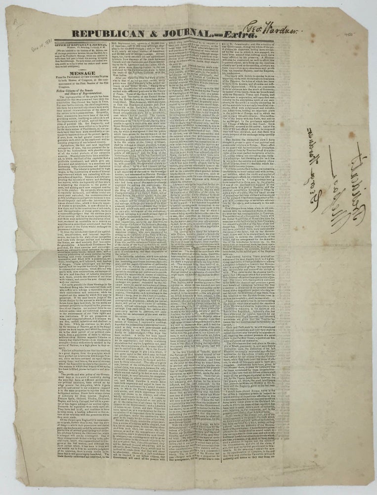Item #44249 REPUBLICAN & JOURNAL- EXTA/ MESSAGE FROM THE PRESIDENT OF THE UNITED STATES TO BOTH HOUSES OF CONGRESS, AT THE COMMENCEMENT OF THE 22 CONGRESS. Andrew Jackson.