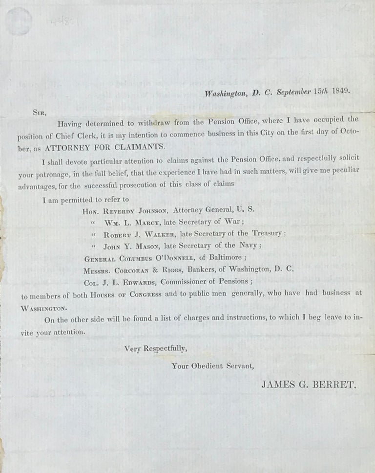 Item #44801 TWO PAGE CIRCULAR ADVERTISING BERRET'S SERVICES AS ATTORNEY FOR CLAIMANTS AGAINST THE PENSION OFFICE, DATED WASHINGTON, D.C., SEPTEMBER 15th, 1849. James G. Berret.