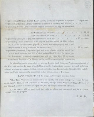 TWO PAGE CIRCULAR ADVERTISING BERRET'S SERVICES AS ATTORNEY FOR CLAIMANTS AGAINST THE PENSION OFFICE, DATED WASHINGTON, D.C., SEPTEMBER 15th, 1849.