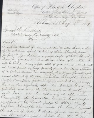 Item #46472 MAKING A CLAIM FOR PAYMENT OF A DEBT in an autograph letter, signed 8 August 1877,...