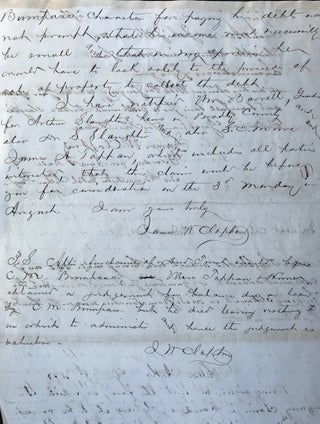MAKING A CLAIM FOR PAYMENT OF A DEBT in an autograph letter, signed 8 August 1877, from Helena, Arkansas, on hie King & Clopton letterhead, to Judge E.L. Black, Probate Judge for Lee County, Marianna, Arkansas.