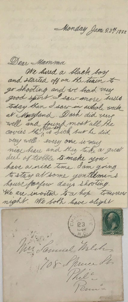 Item #47112 QUAIL HUNTING IN CHARLOTTE, as described in an autograph letter, signed 23 January 1882, from Charlotte, North Carolina, to his mother Mrs. Samuel Welch in Philadelphia. Philip Randolph.