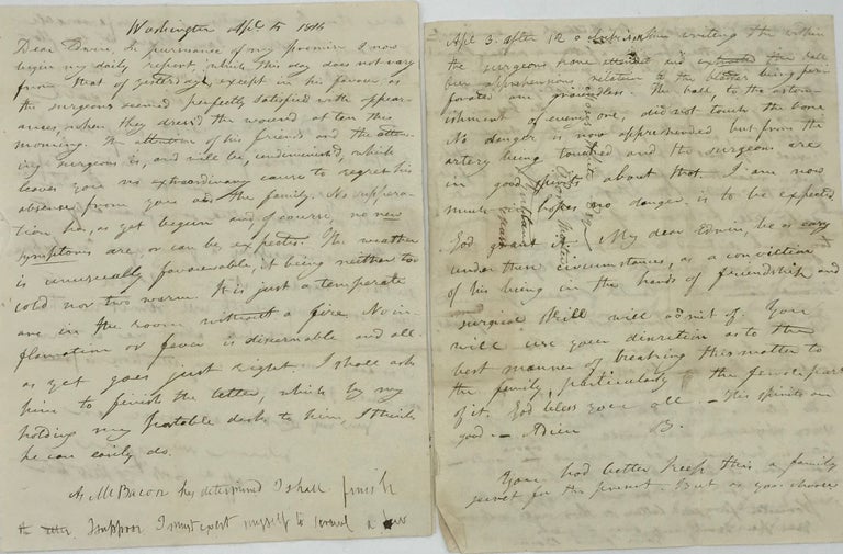 Item #47532 Reporting on the causes, conduct, and aftermath of an 1814 duel in Washington, D.C. in three autograph letters, signed April, 3, 4, and 5, 1814, to a friend, Moses White, the Postmaster of Rutland, Massachusetts, and perhaps a relative of the wounded duelist Francis B. White;. BACON Mr.
