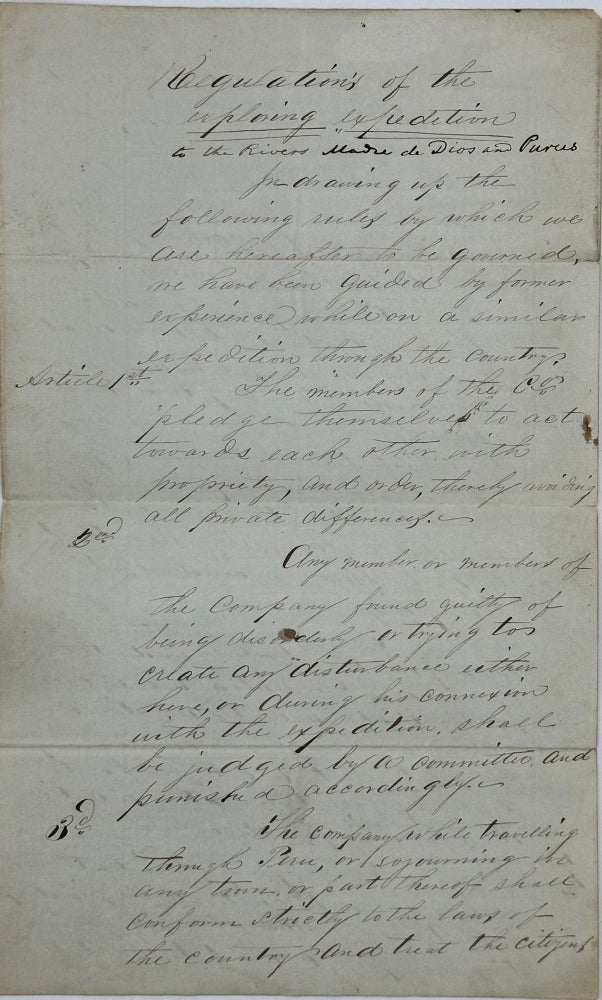 Item #47541 [PERU] "Regulations of the exploring expedition to the Rivers Madre de Dios and Purus" [caption title].