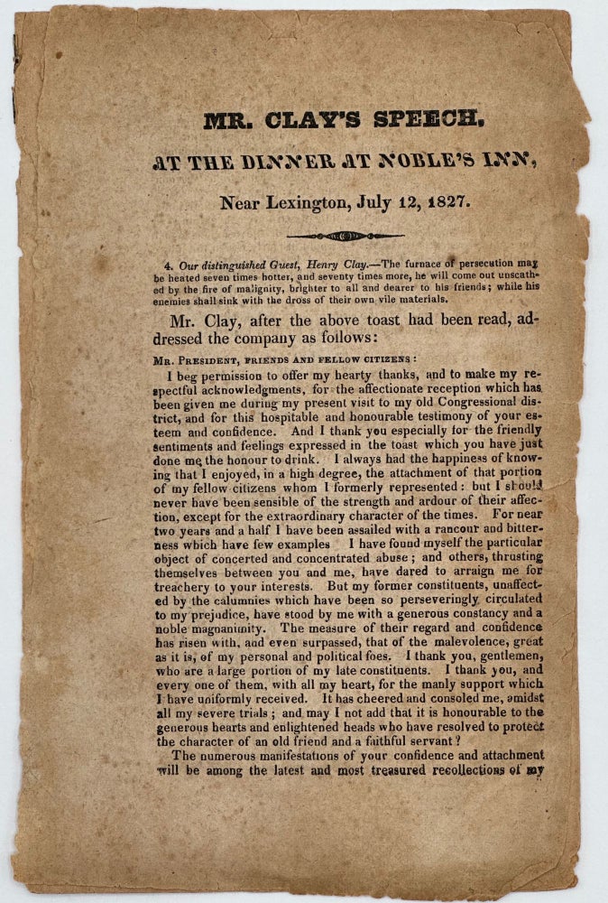 Item #47558 Mr. Clay's Speech, at the Dinner at Noble's Inn, Near Lexington, July 12, 1827. Henry CLAY.