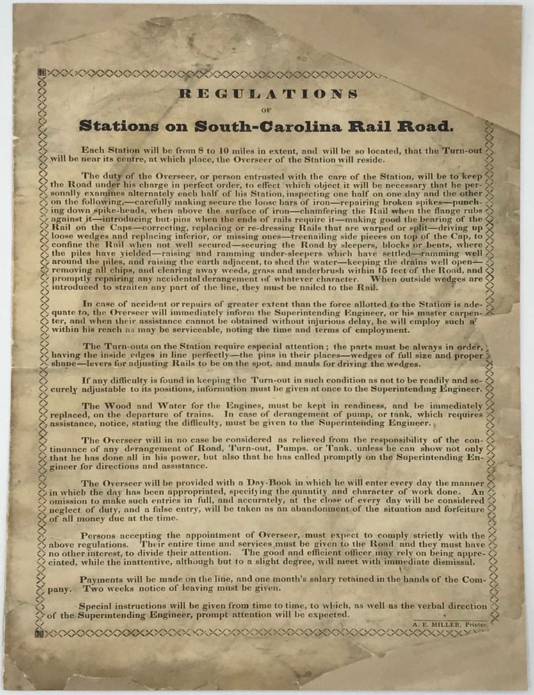 Item #50584 Regulations / of / Stations on South-Carolina Rail Road [caption title, followed by 11 paragraphs listing the regulations]