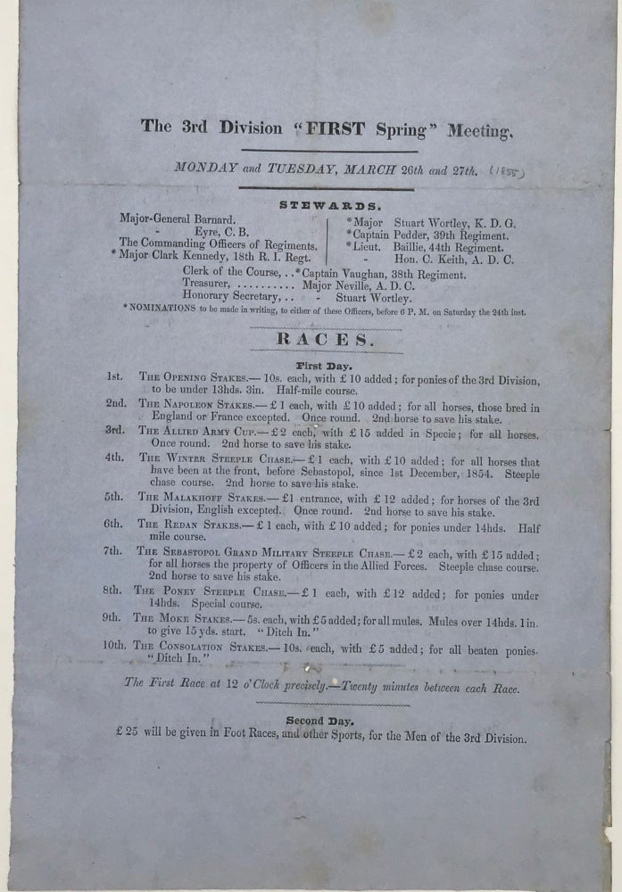Item #50760 The 3rd Division "First Spring" Meeting. / Monday and Tuesday, March 26th and 27th. / [followed by 36 lines, listing stewards, including Major General Barnard, ten races, to begin at noon on the first day, and other sport]. SPORT, HORSE RACING, BROADSIDE.