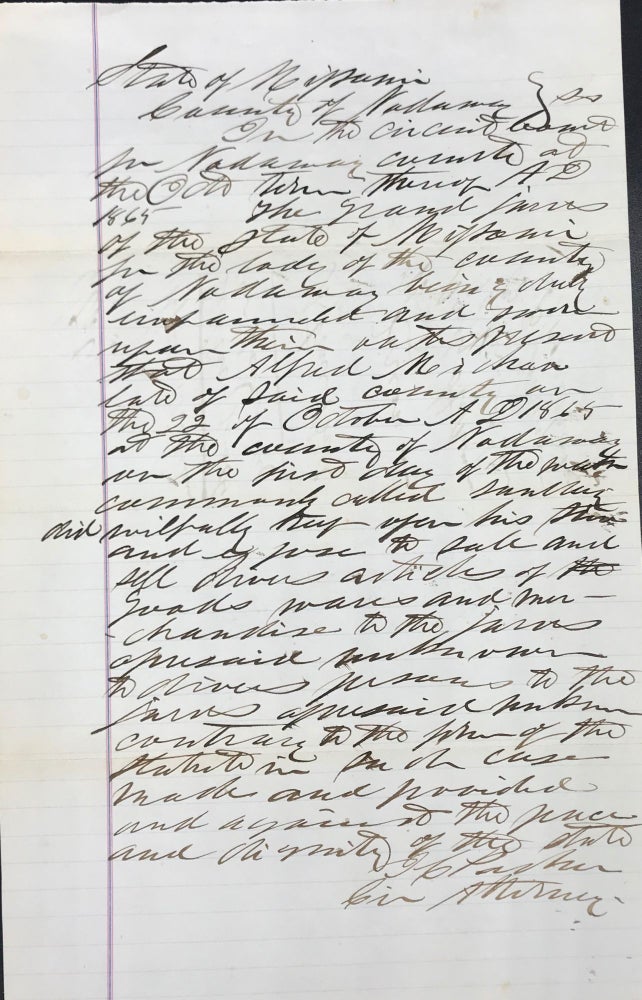 Item #54639 Indicting a man for selling store goods on Sunday, in an autograph document, signed 1 November 1865, as prosecutor for the Circuit Court of Nodaway County, Missouri. Isaac C. PARKER, "Hanging Judge"