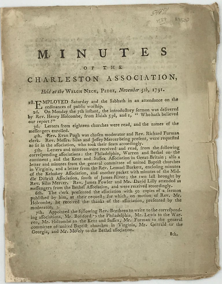 Item #54671 Minutes of the Charleston Association, Held at the Welch Neck, Pedee, November 5th, 1791 [caption title]