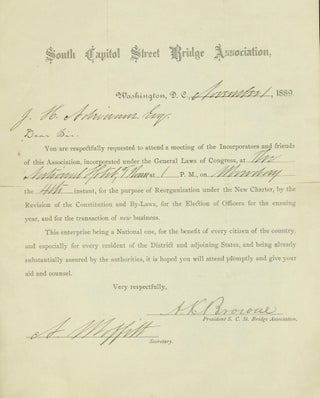 Item #55572 SOUTH CAPITOL STREET BRIDGE ASSOCIATION, / WASHINGTON, D.C., NOVEMBER 1, 1889....