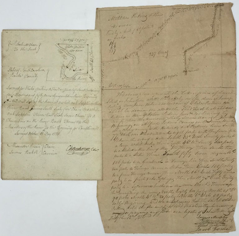 Item #56412 Docketed on verso (two unrelated manuscript notes also on verso, one commenting on Perkins's Revolutionary War service). Property survey for Elisha Perkins of Burke County, North Carolina, as recorded in a manuscript document, completed and signed 15 October 1778, and incorporating a small survey map of the land, 8 3/4 x 6 inches; the map, in the upper right corner, measures 3 x 3 inches. Folded as for filing, but very good. Accompanied by another document: Surveying the dower of Jane Hiland, the widow of Elisha Perkin, in a manuscript document, completed and signed by James Murphy and three others, 13 February 1816. Charles BECKMAN.