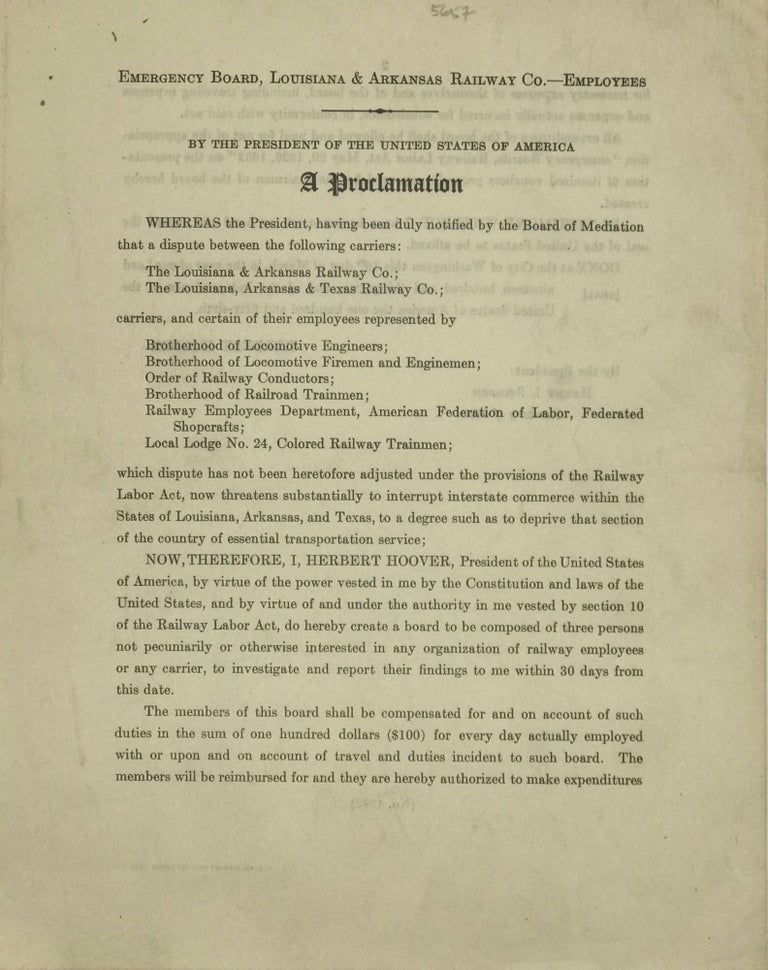 Item #57730 EMERGENCY BOARD, LOUISIANA & ARKANSAS RAILWAY CO.-EMPLOYEES/ BY THE PRESIDENT OF THE UNITED STATES OF AMERICA/ A PROCLAMATION