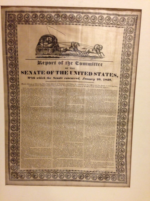 Item #57826 REPORT OF THE COMMITTEE OF THE SENATE OF THE UNITED STATES, WITH WHICH THE SENATE CONCURRED, JANUARY 20, 1829. Messrs. Johnson, of Kentucky, Ellis, Tyler, Johnson, of Louisiana, and Silsbee, the Committee on Post Offices and Post Roads, to which had been referred various petitions remonstrating against the Transportation and Delivery of the Mails on the SABBATH, Report:--; [followed by 14 paragraphs of dense text printed in three columns, each separated by a thin rule]. Separation of Church and State.