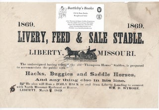 1869, 1869 / LIVERY, FEED & SALE STABLE. / Liberty, [cut of a horse drawn carriage, with...