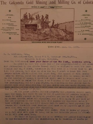 Seven typed letters, signed by the general manager of the Golconda Gold Mining and Milling Co. of Colorado, dated Feb. 12- March 19, 1897, plus a hand-drawn diagram of three of the mines shafts, all on company letterhead.