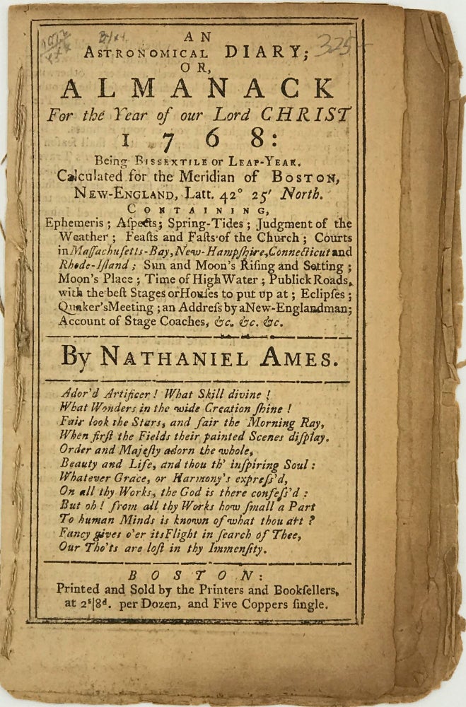 Item #58471 An Astronomical Diary; or, An Almanack for the Year of Our Lord Christ, 1768. Nathaniel Ames.