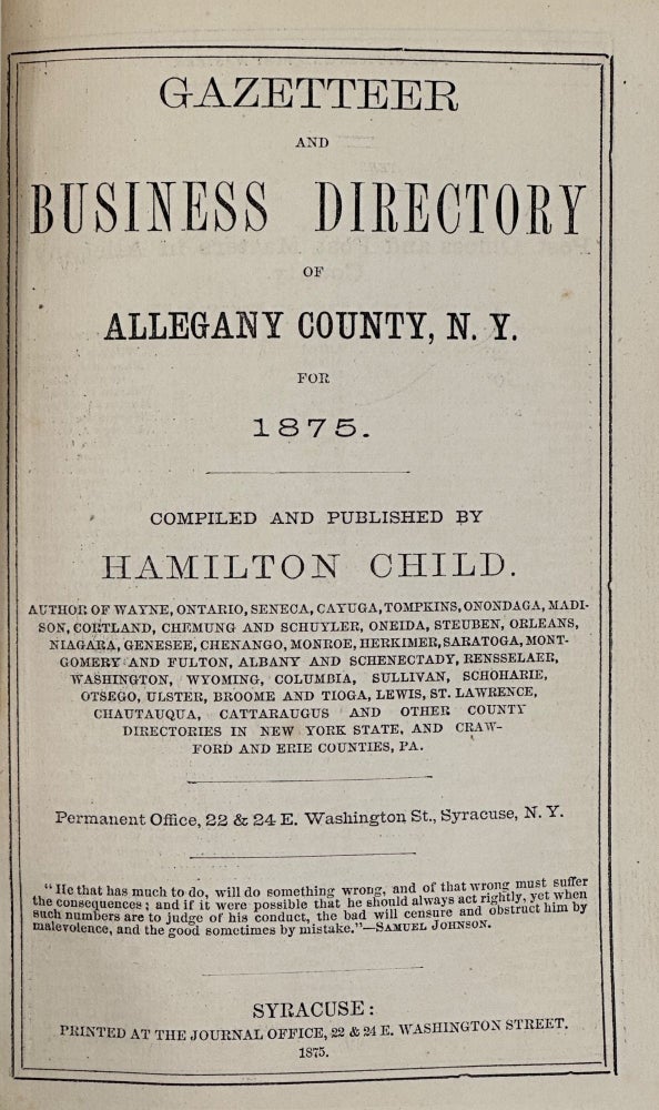 Item #58580 Gazetteer and Business Directory of Allegany County N.Y., for 1875. Hamilton Child, comp.