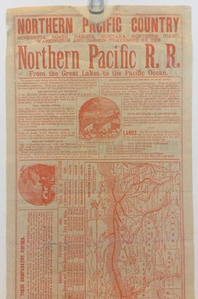 NORTH DAKOTA / TRAVERSED BY THE / NORTHERN PACIFIC / RAILROAD. [followed by text in seven compartments enclosed within thin rules, the longest two columns illustrated from a wood engraving];; verso, printed in red, offers railroad lands for sale, also illustrated from a wood engraving.