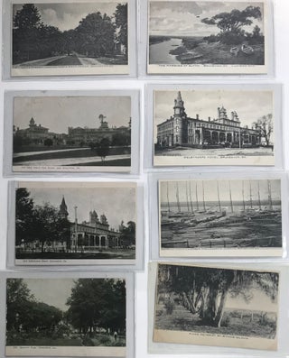 Views of Brunswick, Georgia, a collection of 23 unused real photo postcards, each 3 1/2 x 5 1/8 inches, picturing the town's architecture, waterfront, marshes, oak groves, and other features, and ocean bathers, dock workers, and fishermen at work and play.