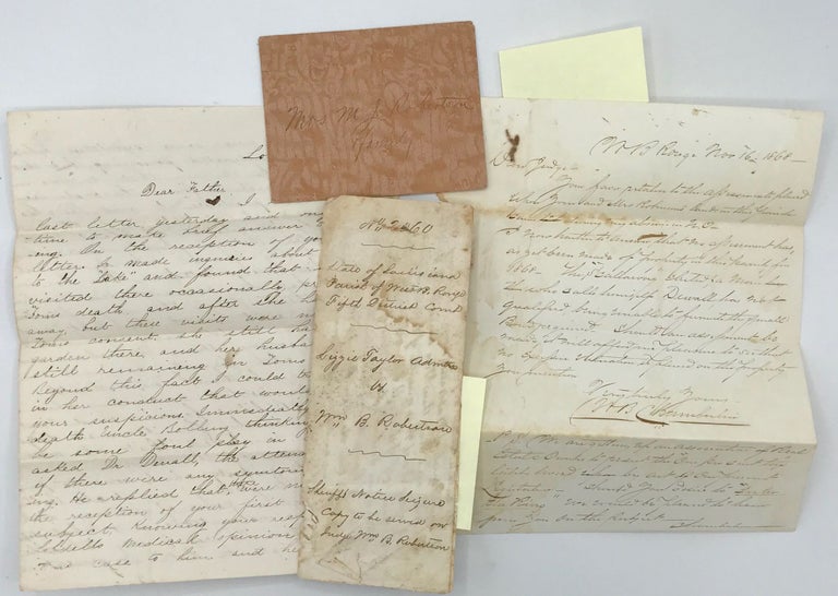 Item #58867 Five items from Robertson's estate papers: (1) an 1866 letter from his son, William B. Robertson, Jr., concerning the possible poisoning of another son, Tom; (2) an 1867 manuscript document (worn) concerning Judge Robertson and the seizure of some property; (3) an 1868 letter, from W.B. Chamberlain, to Robertson concerning property assessments in Baton Rouge and the "scallawag" in charge of the procedure; (4) an 1884 "true copy" of a manuscript tribute to the memory of Judge Robertson; and (5) an 1887 invitation to Robertson's son to celebrate a "wooden" anniversary, printed on simulated bark paper and mailed in a similar envelope. William B. Robertson, Louisiana Civil War era Baton Rouge, lawyer and judge.