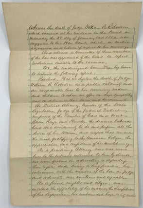 Five items from Robertson's estate papers: (1) an 1866 letter from his son, William B. Robertson, Jr., concerning the possible poisoning of another son, Tom; (2) an 1867 manuscript document (worn) concerning Judge Robertson and the seizure of some property; (3) an 1868 letter, from W.B. Chamberlain, to Robertson concerning property assessments in Baton Rouge and the "scallawag" in charge of the procedure; (4) an 1884 "true copy" of a manuscript tribute to the memory of Judge Robertson; and (5) an 1887 invitation to Robertson's son to celebrate a "wooden" anniversary, printed on simulated bark paper and mailed in a similar envelope.