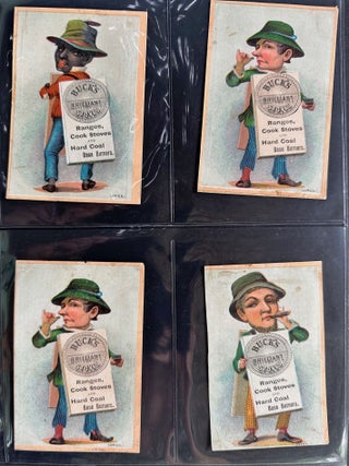 Collection of 38 illustrated advertising cards, most 4 3/4 x 3 inches (some a bit larger, some a bit smaller), 34 with chromolithographic illustrations, all either issued for New Orleans businesses or distributors, 24 with information about the businesses or distributors printed on verso, some issued in conjunction with the 1884-1885 World's Industrial and Cotton Centennial Exposition.