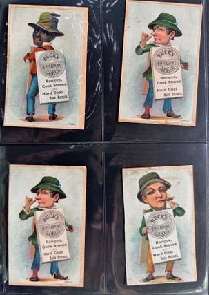 Collection of 38 illustrated advertising cards, most 4 3/4 x 3 inches (some a bit larger, some a bit smaller), 34 with chromolithographic illustrations, all either issued for New Orleans businesses or distributors, 24 with information about the businesses or distributors printed on verso, some issued in conjunction with the 1884-1885 World's Industrial and Cotton Centennial Exposition.