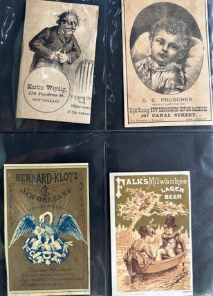 Collection of 38 illustrated advertising cards, most 4 3/4 x 3 inches (some a bit larger, some a bit smaller), 34 with chromolithographic illustrations, all either issued for New Orleans businesses or distributors, 24 with information about the businesses or distributors printed on verso, some issued in conjunction with the 1884-1885 World's Industrial and Cotton Centennial Exposition.