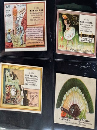 Collection of 38 illustrated advertising cards, most 4 3/4 x 3 inches (some a bit larger, some a bit smaller), 34 with chromolithographic illustrations, all either issued for New Orleans businesses or distributors, 24 with information about the businesses or distributors printed on verso, some issued in conjunction with the 1884-1885 World's Industrial and Cotton Centennial Exposition.