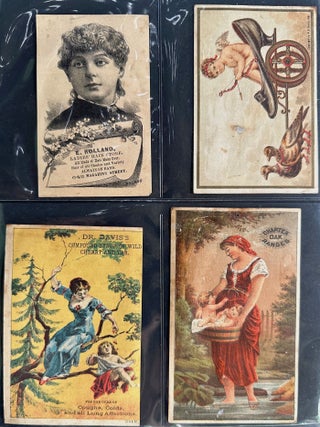 Collection of 38 illustrated advertising cards, most 4 3/4 x 3 inches (some a bit larger, some a bit smaller), 34 with chromolithographic illustrations, all either issued for New Orleans businesses or distributors, 24 with information about the businesses or distributors printed on verso, some issued in conjunction with the 1884-1885 World's Industrial and Cotton Centennial Exposition.