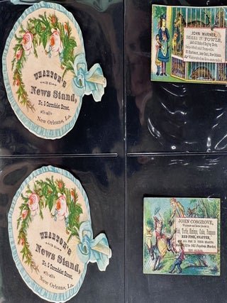 Collection of 38 illustrated advertising cards, most 4 3/4 x 3 inches (some a bit larger, some a bit smaller), 34 with chromolithographic illustrations, all either issued for New Orleans businesses or distributors, 24 with information about the businesses or distributors printed on verso, some issued in conjunction with the 1884-1885 World's Industrial and Cotton Centennial Exposition.