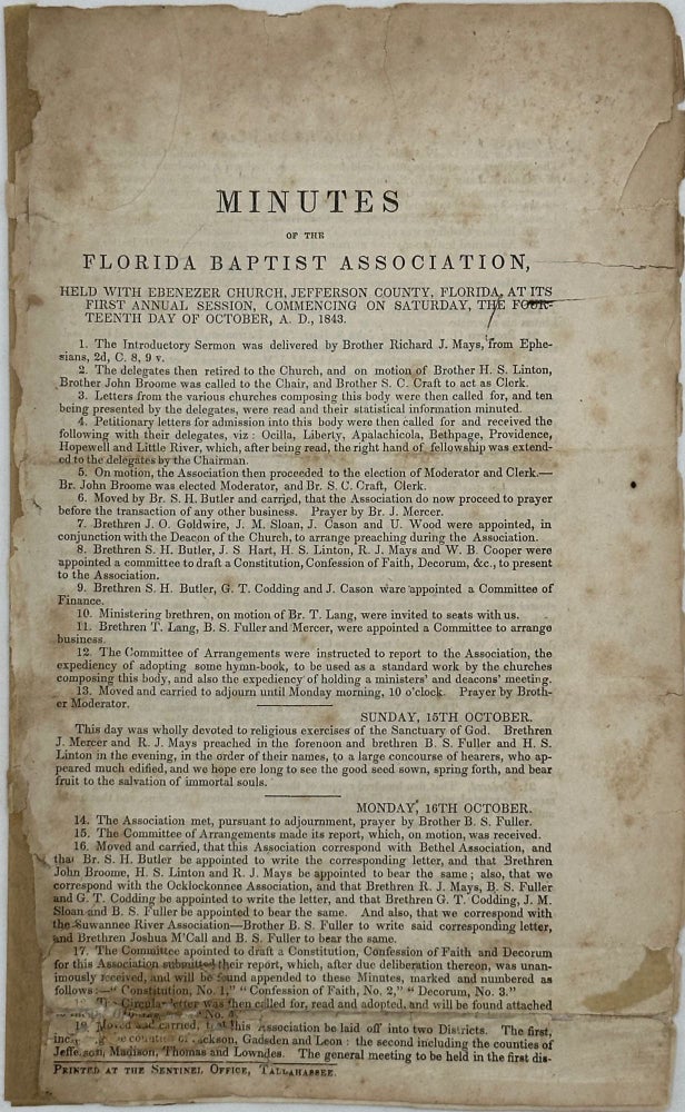 Item #59025 MINUTES OF THE FLORIDA BAPTIST ASSOCIATION, HELD WITH EBENEZER CHURCH, JEFFERSON COUNTY, FLORIDA, AT ITS FIRST ANNUAL SESSION, COMMENCING ON SATURDAY, THE FOURTEENTH DAY OF OCTOBER, A.D., 1843.
