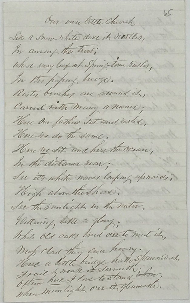 Item #59029 "Our Own Little Church" [manuscript caption title for a three-page, 56-line manuscript poem]. "New Orleans, LA, Thanksgiving day, 1858". Manuscript poem. Claudia.