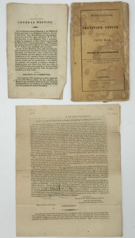 Item #59213 Three publications related to military bounty lands for veterans of the War of 1812, (1) "An Act to provide for designating, surveying, and granting the Military Bounty Lands,"