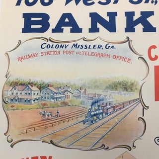 F. Missler & Krimmert. / 106 West St., New York. / Bankers. / [inset color illustration of a train arriving at a small town railway station, a farmer plowing a field and the town's sparkling buildings in the background, depicted under the heading "Colony Missler, Ga. / Railway Station, Post and Telegraph Office," all enclosed within an ornamental border, 11 1/2 x 15 inches] / Choice / Farm Land / At $5 and Upwards per Acre / Money Sent to Europe / Legacies / Collected in / Vollmachten, Erbschaften [those three lines printed over a large sealed envelope, 4 1/2 x 10 inches, addressed in two eastern European languages] / Drafts, Money Exchange. / [inset color illustration of a steamer on the ocean, 12 x 14 inches] / Wegen Auskunft schreibe direct an: ["For information, write directly to:"; repeated in three eastern European languages] F. Missler & Krimmert [complete text].