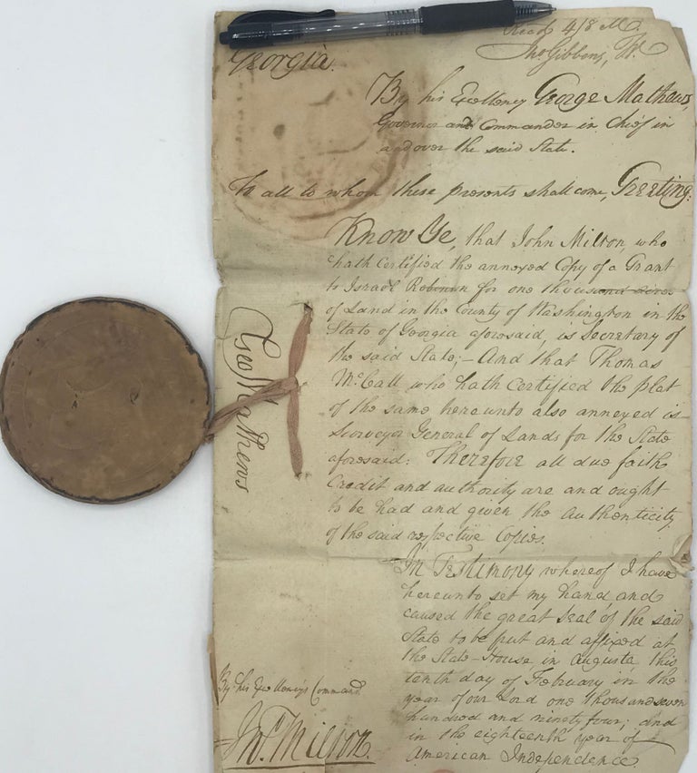 Item #60421 Endorsing the grant of a tract of land to Israel Robinson, 1000 acres in Washington County, Georgia, in a clerical folio manuscript document, signed by Mathews as governor February 10, 1794;. George Mathews, Governor of Georgia.