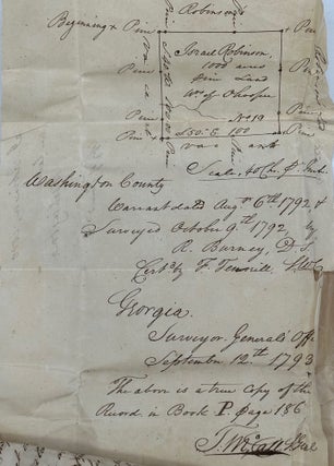 Endorsing the grant of a tract of land to Israel Robinson, 1000 acres in Washington County, Georgia, in a clerical folio manuscript document, signed by Mathews as governor February 10, 1794;