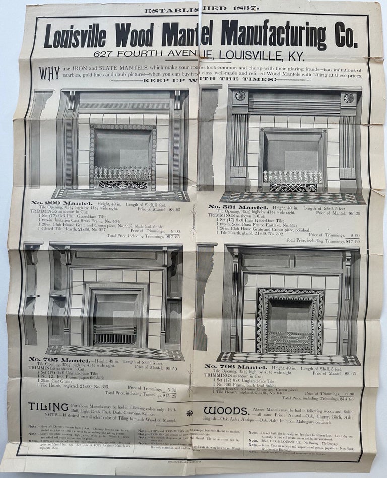 Item #60599 Established 1837 / Louisville Wood Mantel Manufacturing Co. / 627 Fourth Avenue, Louisville, KY. / [followed by 28 lines of text describing four large illustrated fireplace mantels (each 6 3/4 x 9 inches) and other products and services provided by the company]