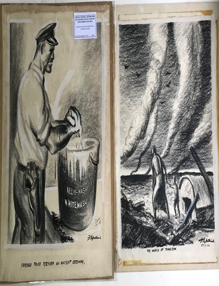Item #61408 ORIGINAL EDITORIAL ARTWORK: "CHICAGO POLICE PERFORM AN ANCIENT CEREMONY," "WORLD OF TOMORROW," "WELL DEARIE A DOLLAR HERE A DOLLAR THERE", "SENATOR TAFT'S FOREIGN POLICY," "JUST A LITTLE 'DIRTY BUSINESS' ", "FIND THE MAN WITHOUT A LOBBY," "TO THE HIGHEST BIDDER," "NOT A POLITICAL PLUM, BIG BOY.". Fitzpatrick, aniel, obert.