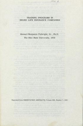 Item #61647 Training Programs in Negro Life Insurance Companies [cover and caption title]....
