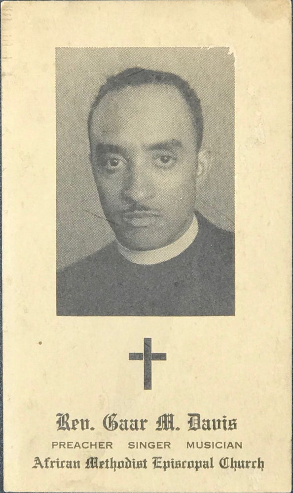 Item #61651 [Portrait from a photograph, 3 x 2 inches] / Rev. Gaar M. Davis / Preacher, Singer, Musician / African Methodist Episcopal Church [complete text].